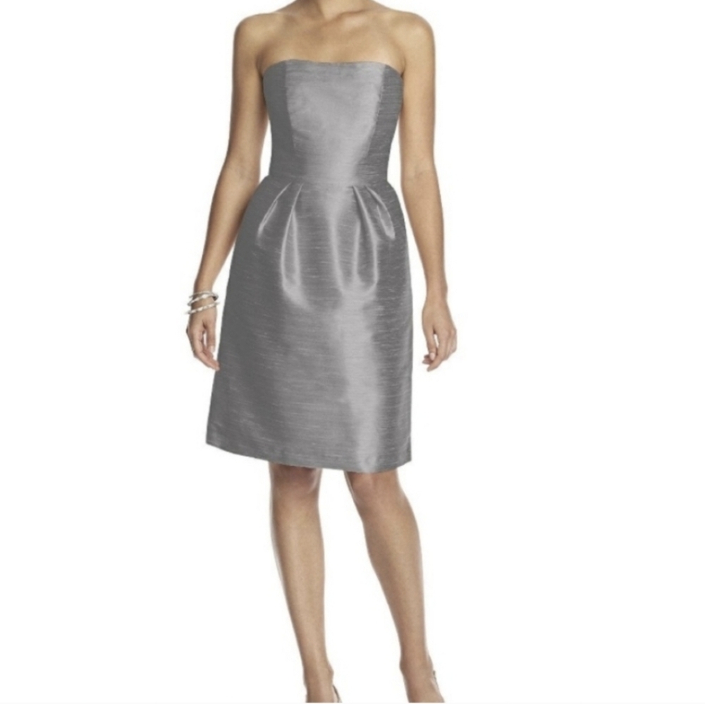 Alfred Sung Dupioni Quarry Gray Cocktail Bridesmaid Strapless Dress